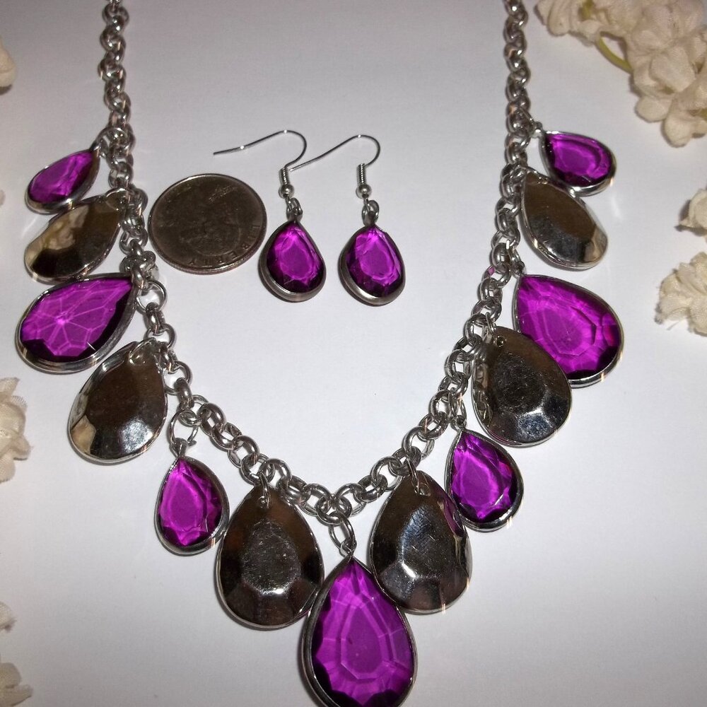 Purple And Silver Statement Teardrop Necklace Ear… - image 2